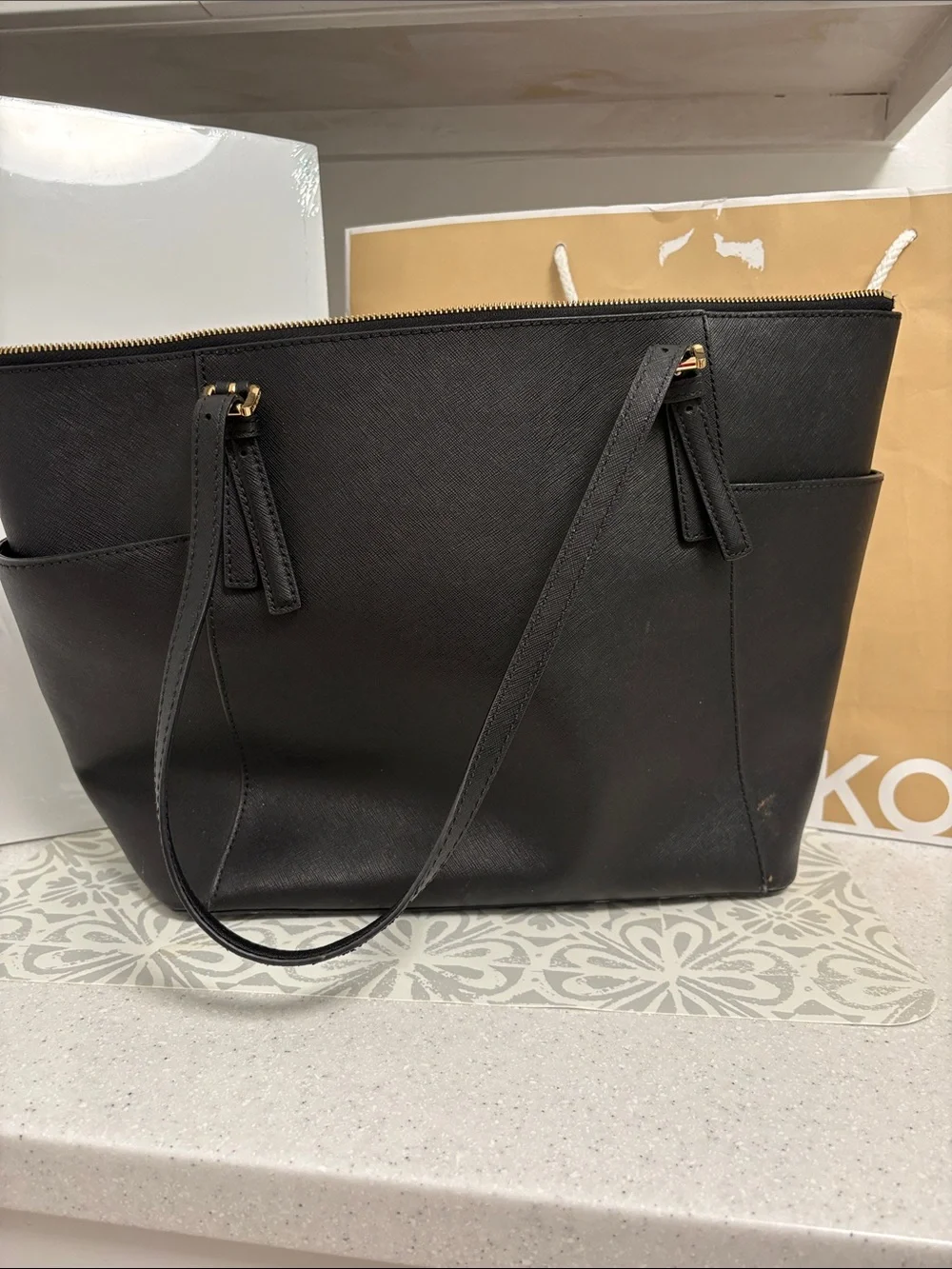 Michael Kors Black Saffiano Leather Tote with Gold Accents